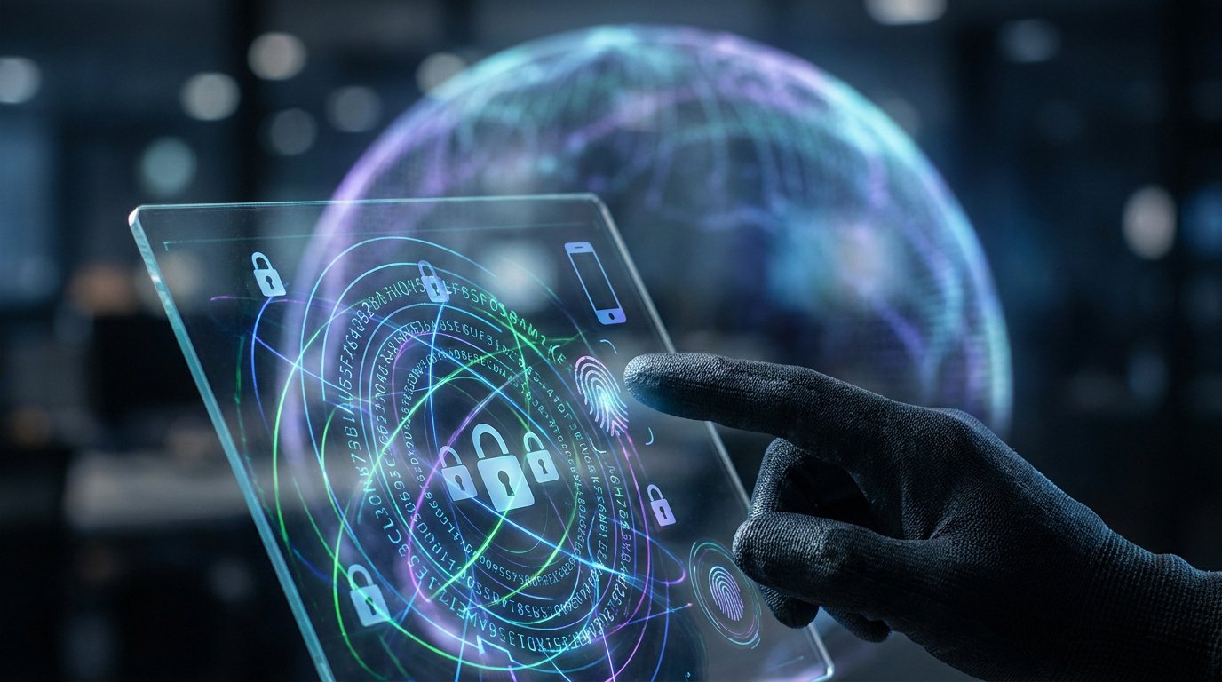 Une main gantée touche une interface holographique affichant des cadenas, une empreinte digitale et du code numérique.