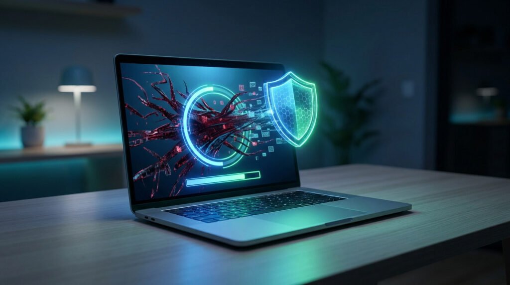 Un ordinateur portable affichant une analyse antivirus avec un bouclier de protection numérique sur l'écran.