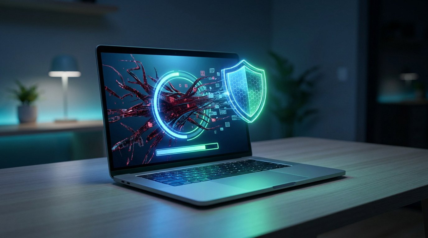 Un ordinateur portable affichant une analyse antivirus avec un bouclier de protection numérique sur l'écran.