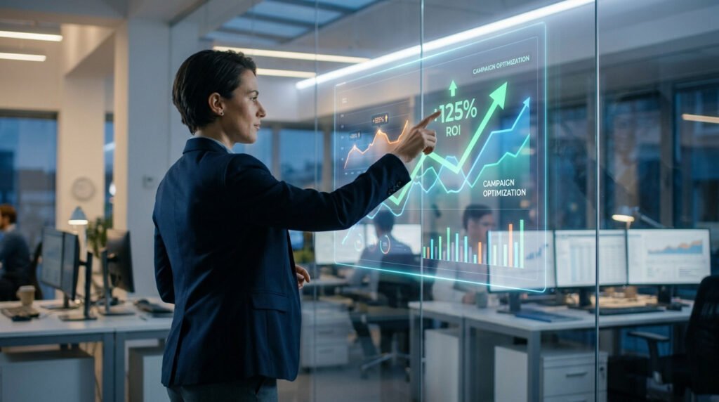 Une professionnelle analysant des statistiques de croissance de ROI sur un écran tactile virtuel dans un bureau moderne.