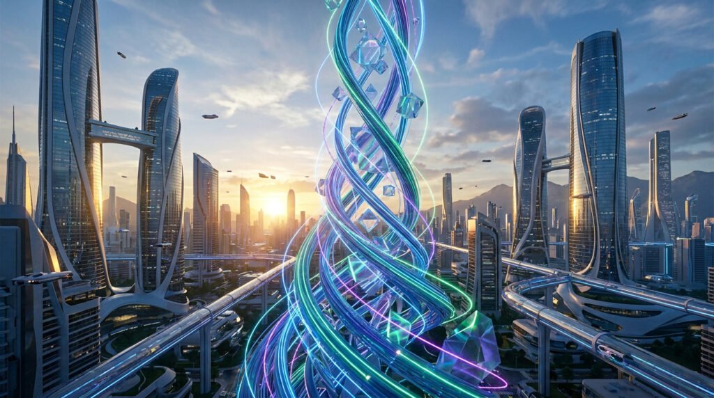 Ville futuriste baignée par le soleil avec des gratte-ciels et une spirale d'énergie lumineuse au centre.