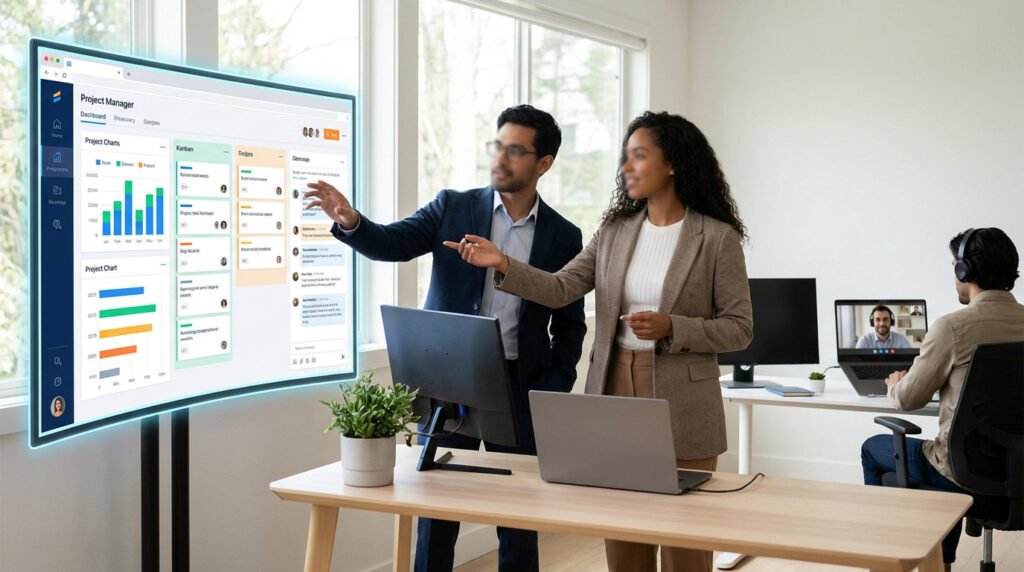 Une équipe marketing collabore autour d'un grand écran affichant un tableau de bord de gestion de projet interactif.
