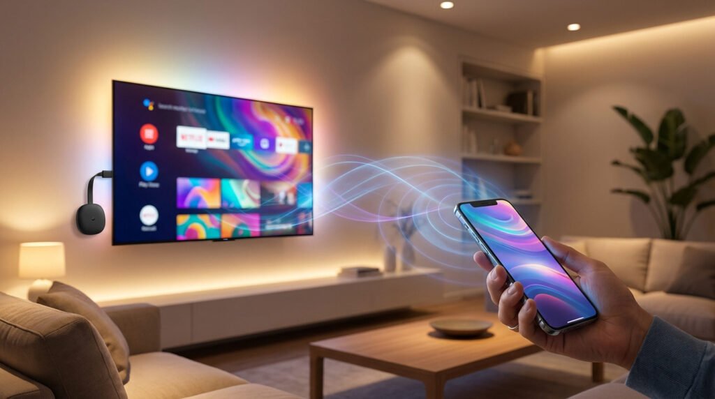Une main tient un smartphone diffusant du contenu vers une télévision équipée d'un Chromecast via une connexion sans fil.