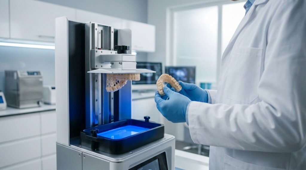 Un dentiste avec des gants bleus examine une prothèse dentaire fraîchement imprimée en 3D dans un cabinet moderne.