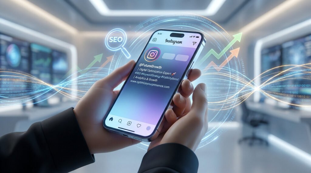 Mains tenant un smartphone affichant un profil Instagram optimisé avec des graphiques de croissance et une icône SEO.