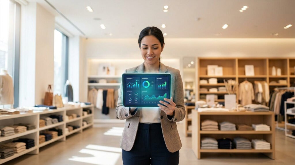Une femme souriante tient une tablette affichant des données analytiques dans une boutique de vêtements.