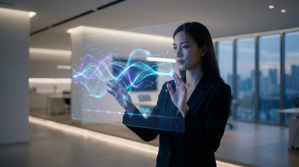 Une femme d'affaires interagit avec une interface numérique holographique affichant des données lumineuses et l'année 2026.